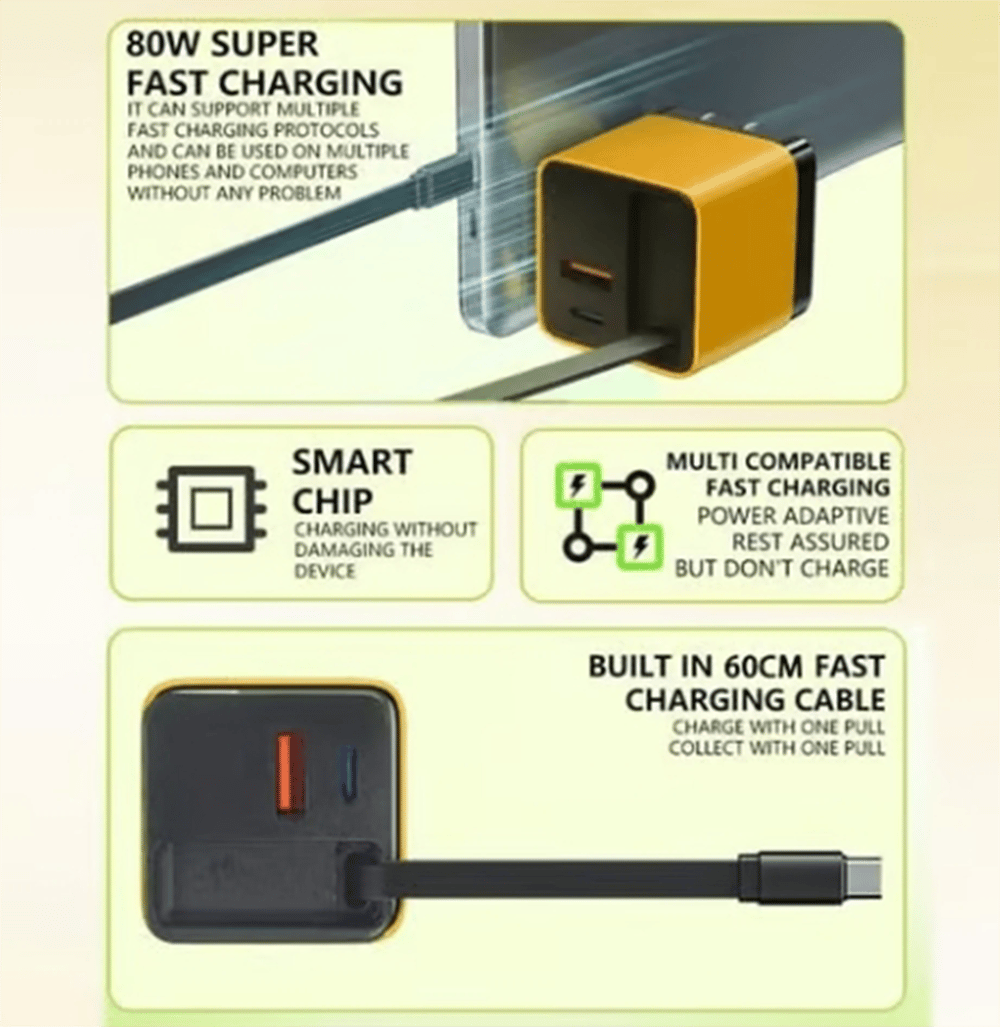 3 in 1 Charger Retractable 80W MAX Fast